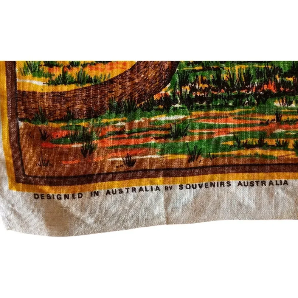 Vintage Hand Printed Linen Tea Towel Australia Kangaroo Pattern 31